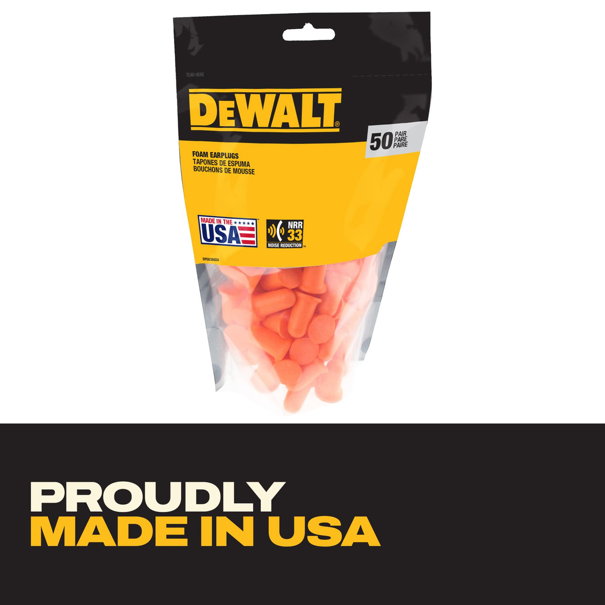 DEWALT Bell Shaped Foam Earplugs NRR 33 - Made in USA - Resealable 50 Pack