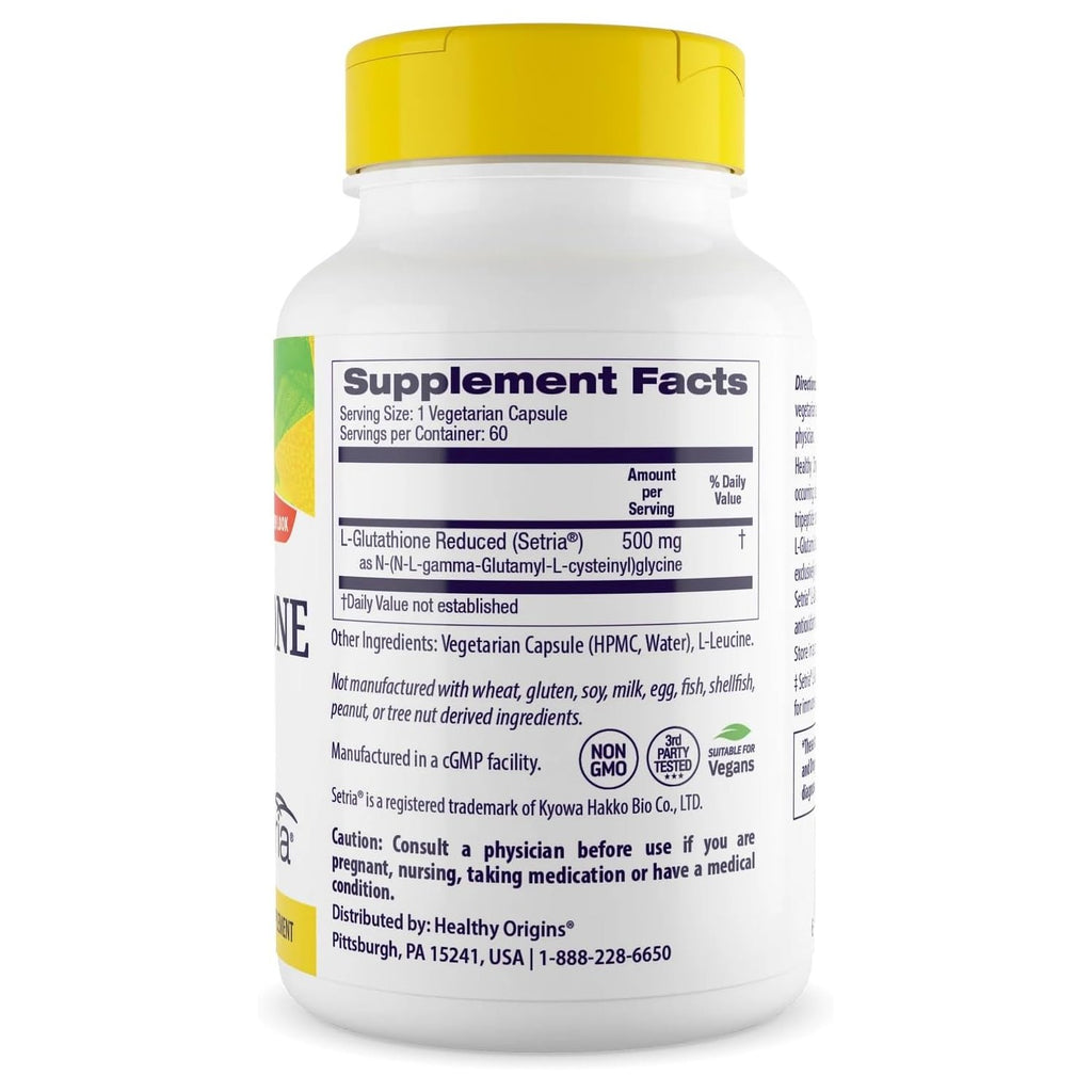 Buy now Healthy Origins L-Glutathione 500 mg (Setria, Non-GMO, Gluten Free, Antioxidant, Immune Support, Skin Support), 60 Veggie Caps at indiglob india