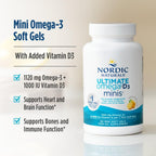 Nordic Naturals Ultimate Omega 2X Mini D3, 1120mg+1000IU, Lemon - 60 Count | Ultimate Omega mini soft gels with 1120mg EPA+DHA + 1000 IU D3. Supports brain, heart, bone & immune health. Lemon, 60ct