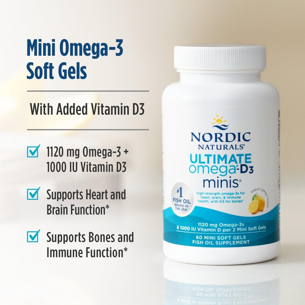 Nordic Naturals Ultimate Omega 2X Mini D3, 1120mg+1000IU, Lemon - 60 Count | Ultimate Omega mini soft gels with 1120mg EPA+DHA + 1000 IU D3. Supports brain, heart, bone & immune health. Lemon, 60ct