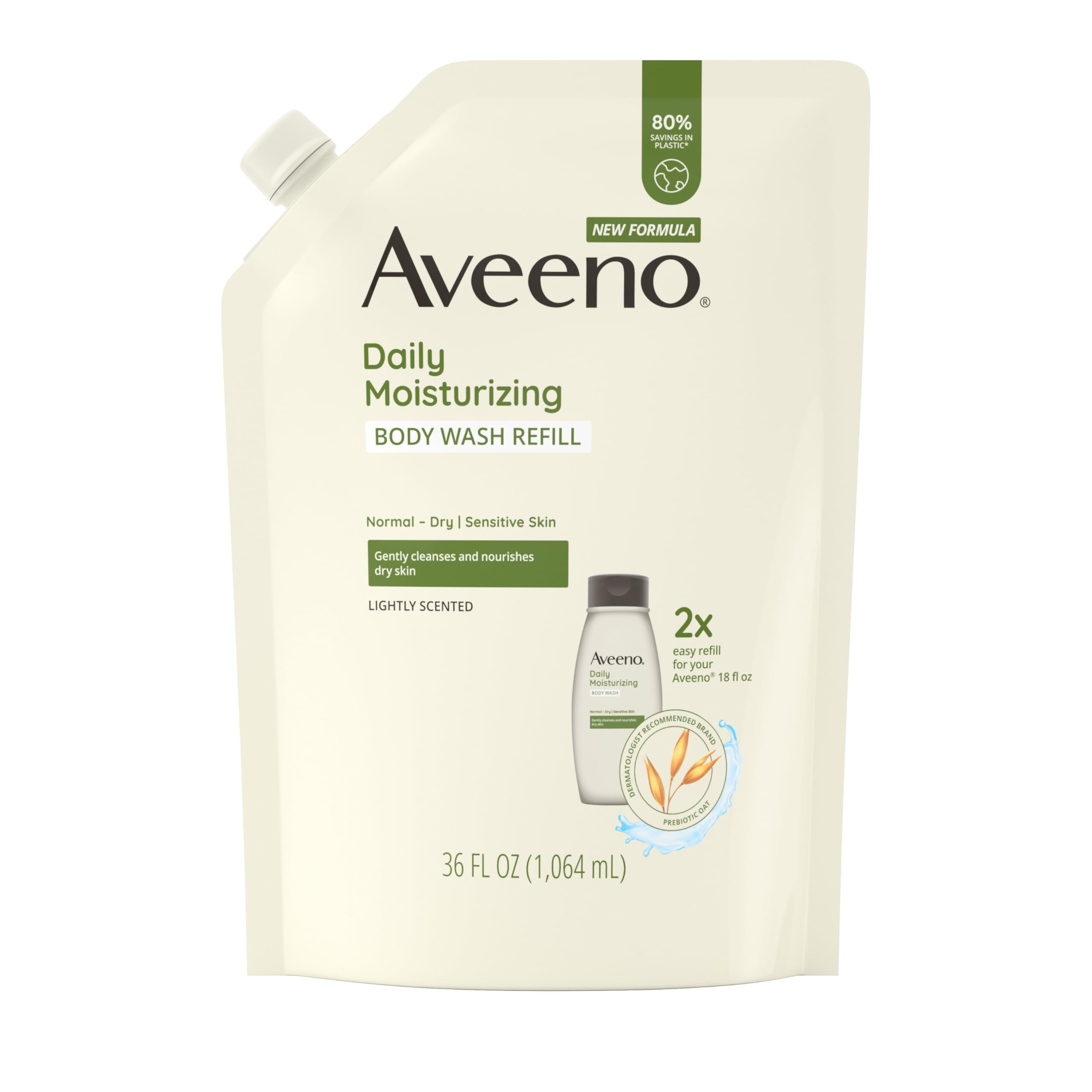 Aveeno Daily Moisturizing Body Wash Refill Pouch, 36 fl. oz | For Sensitive Skin, Light Fragrance, Formulated with Prebiotic Oat, Gently Cleanses, Nourishes Dry Skin