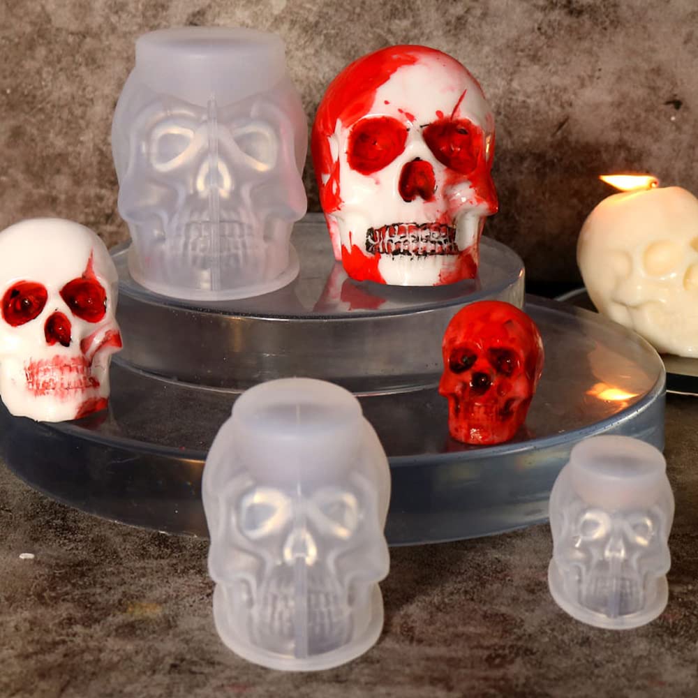 RESINWORLD Set of Large + Medium + Small 3D Skull Resin Molds, Flexible Clear Silicone Skull Head Molds, Silicone Molds for Resin, Soap, Clay, Candle Wax Casting, Halloween Home Decoration