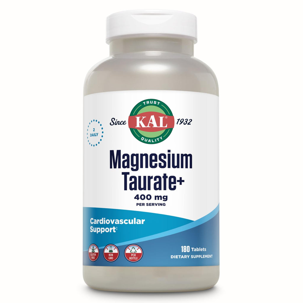KAL Magnesium Taurate 400 mg with Vitamin B6, 120 Tablets | Heart, Muscle & Nervous System Support, Chelated Magnesium with Vitamin B6, 60 Servings, Non GMO, Lab Verified