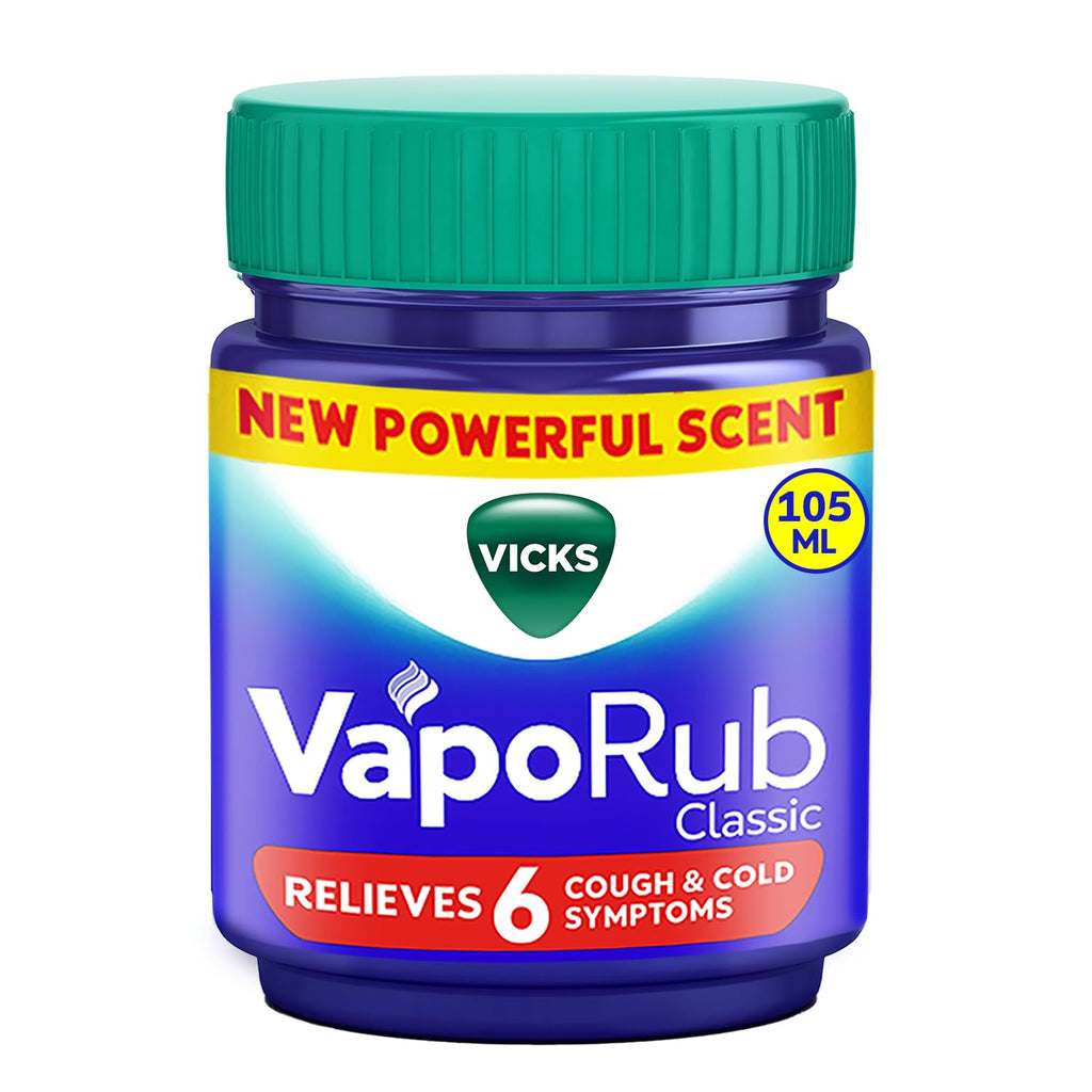 Buy now Vicks Vaporub Relief from Cold, Cough, Blocked Nose, Headache, Body ache, Muscular Stiffness and Breathing Difficulty, 105ml at indiglob india