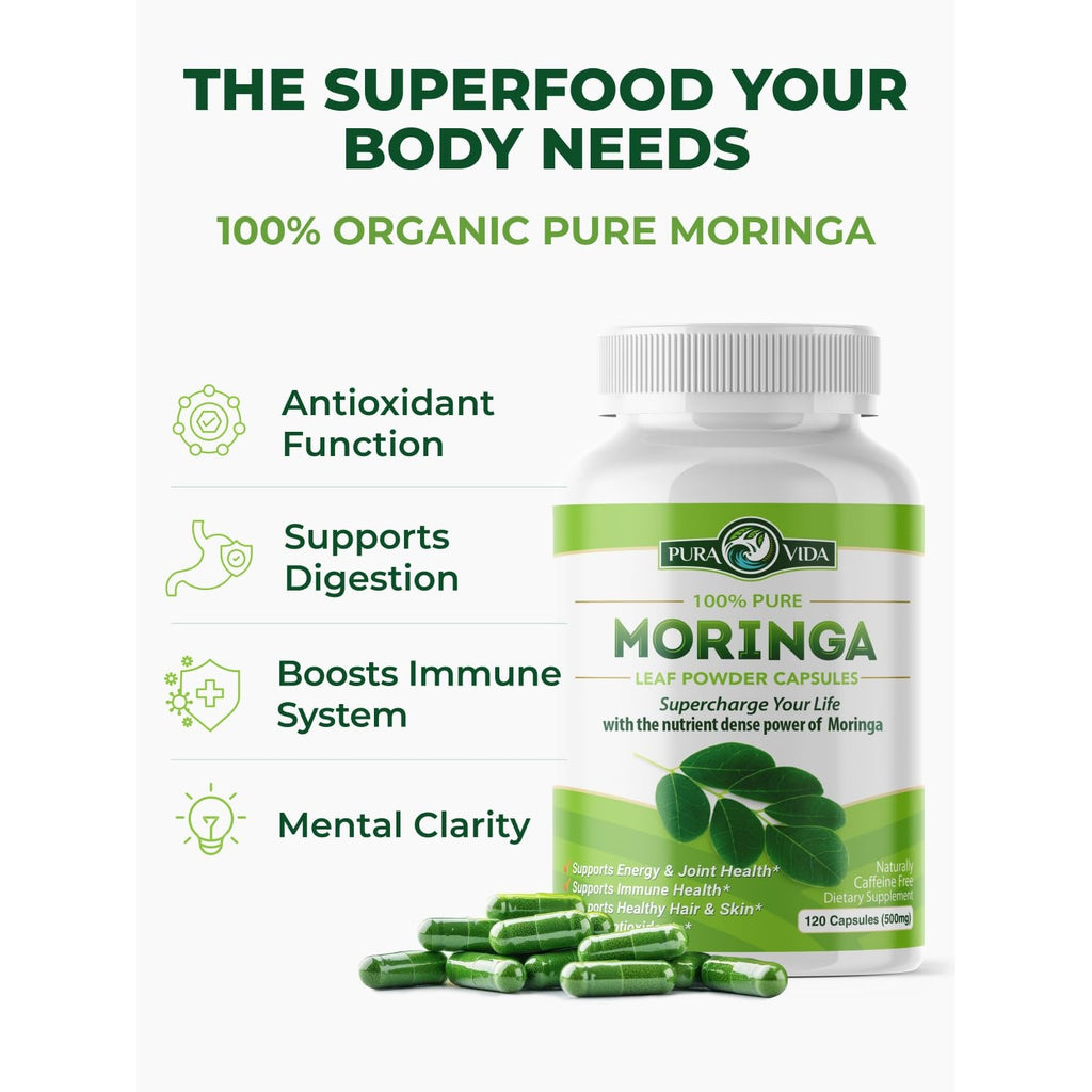 PURA VIDA MORINGA Organic Moringa Capsules, Pure Moringa Leaf Powder Single Origin for Energy, Metabolism & Immune Support, 120ct, 500mg Caps