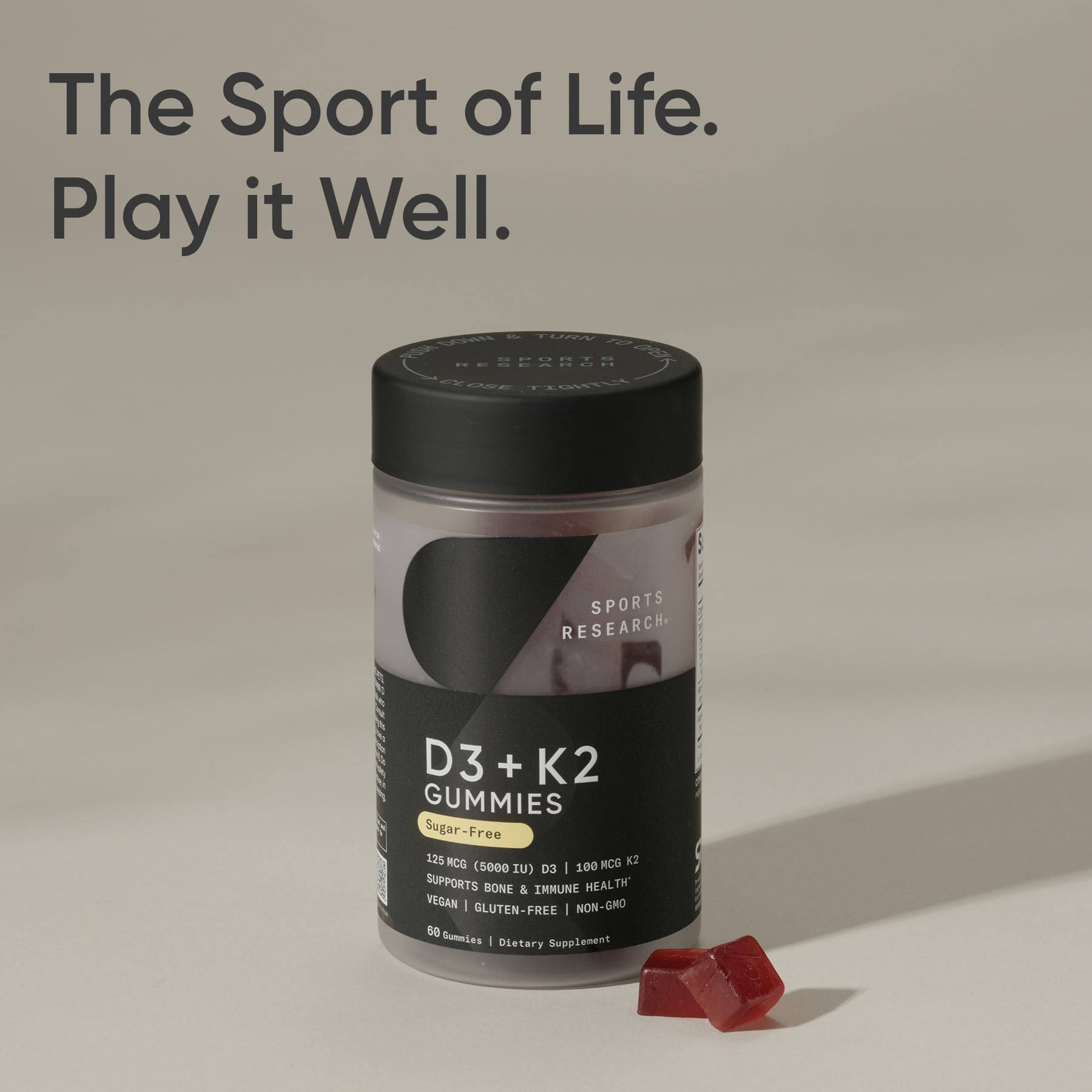Sports Research® Vegan Vitamin D3 + K2 Sugar-Free Gummies, 60 Count | 125mcg (5000iu) Vitamin D w/ 100mcg Mk7 Vitamin K - Supports Bone & Immune Health* - Vegan Certified · Non-GMO · Soy Free