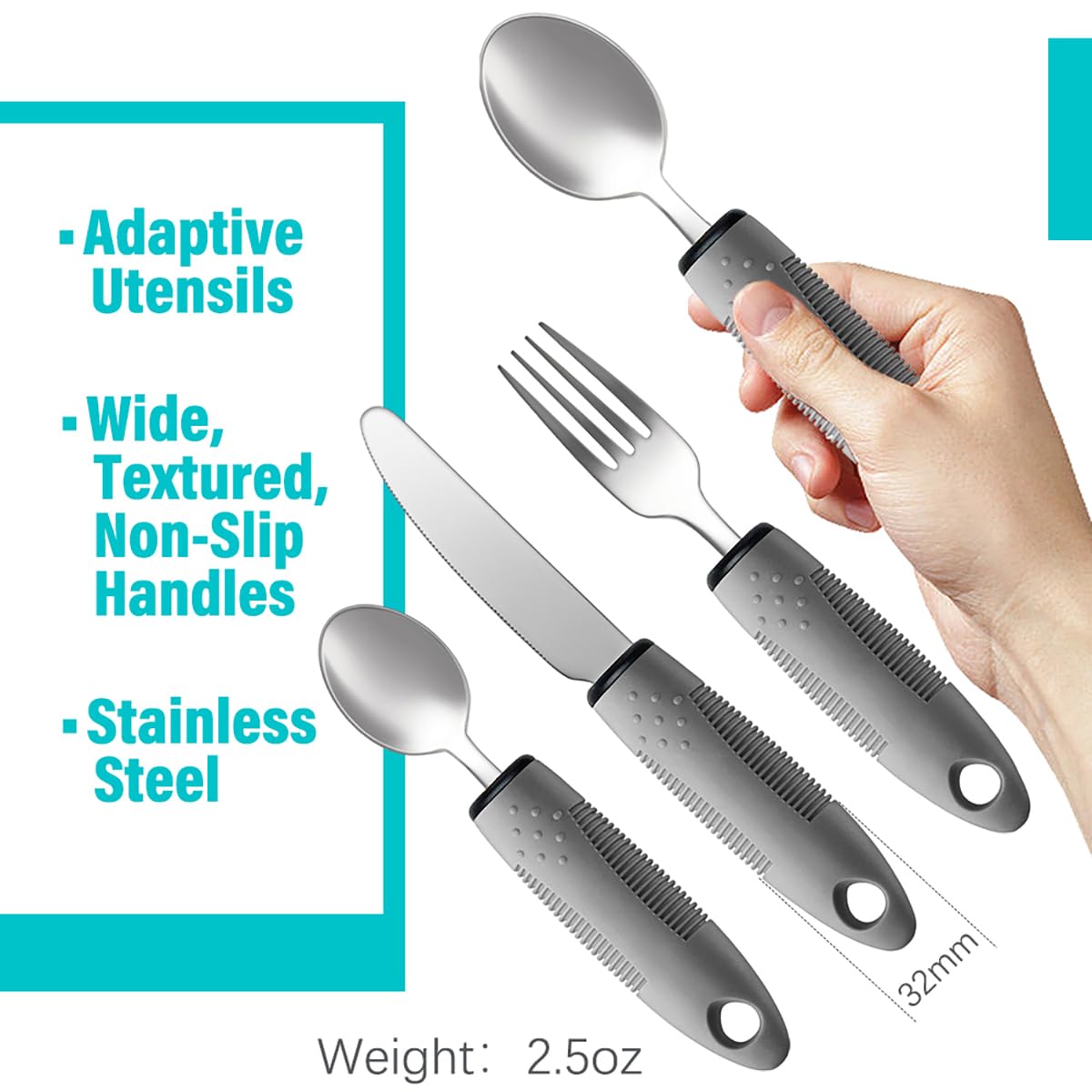 Nourislif Adaptive Utensils 4pcs For Hand Tremors,Elderly, Arthritis,Parkinsons-Built Up Utensils For Adults 2.5oz Each, Silverware Set With Handle, Flatware Cutlery Set For Seniors