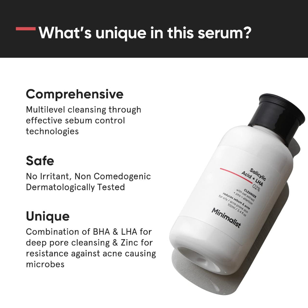 Buy now Minimalist 2% Salicylic Acid Face Wash for Oily, Acne Prone Skin | Anti Acne Face Wash With LHA & Zinc | Sulphate free Gentle BHA Liquid Exfoliant | For Women & Men | 3.4 Fl Oz / 100 ml at indiglob india