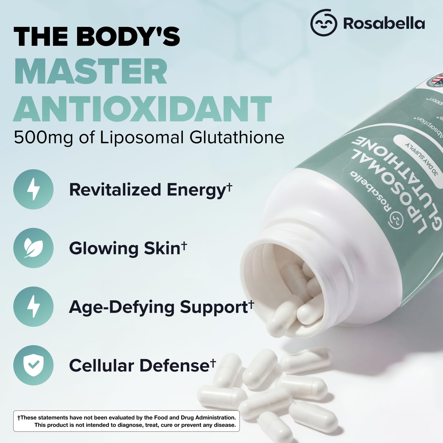Rosabella Liposomal Glutathione 500mg – High Absorption Glutathione Supplement, Antioxidant Support, Cellular Health & Detox Support, 60 Capsules, 30 Day Supply, Daily Antioxidant Capsules