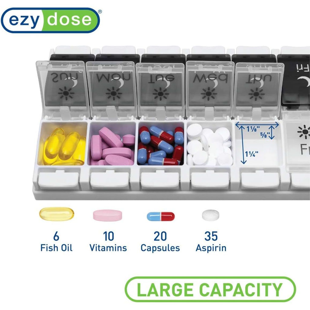 Buy now EZY DOSE Push Button (7-Day) Pill Case, Medicine Planner, Vitamin Organizer, 2 Times a Day AM/PM, Removable Trays, Large Compartments, Arthritis Friendly, Spring Open Black and White Lids, BPA Free at indiglob india