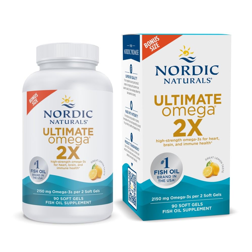 Nordic Naturals Ultimate Omega 2X, 2150mg Fish Oil, Lemon - 120 Count | High-potency 2X formula with EPA & DHA for brain & heart health. Non-GMO soft gels. 60 servings.