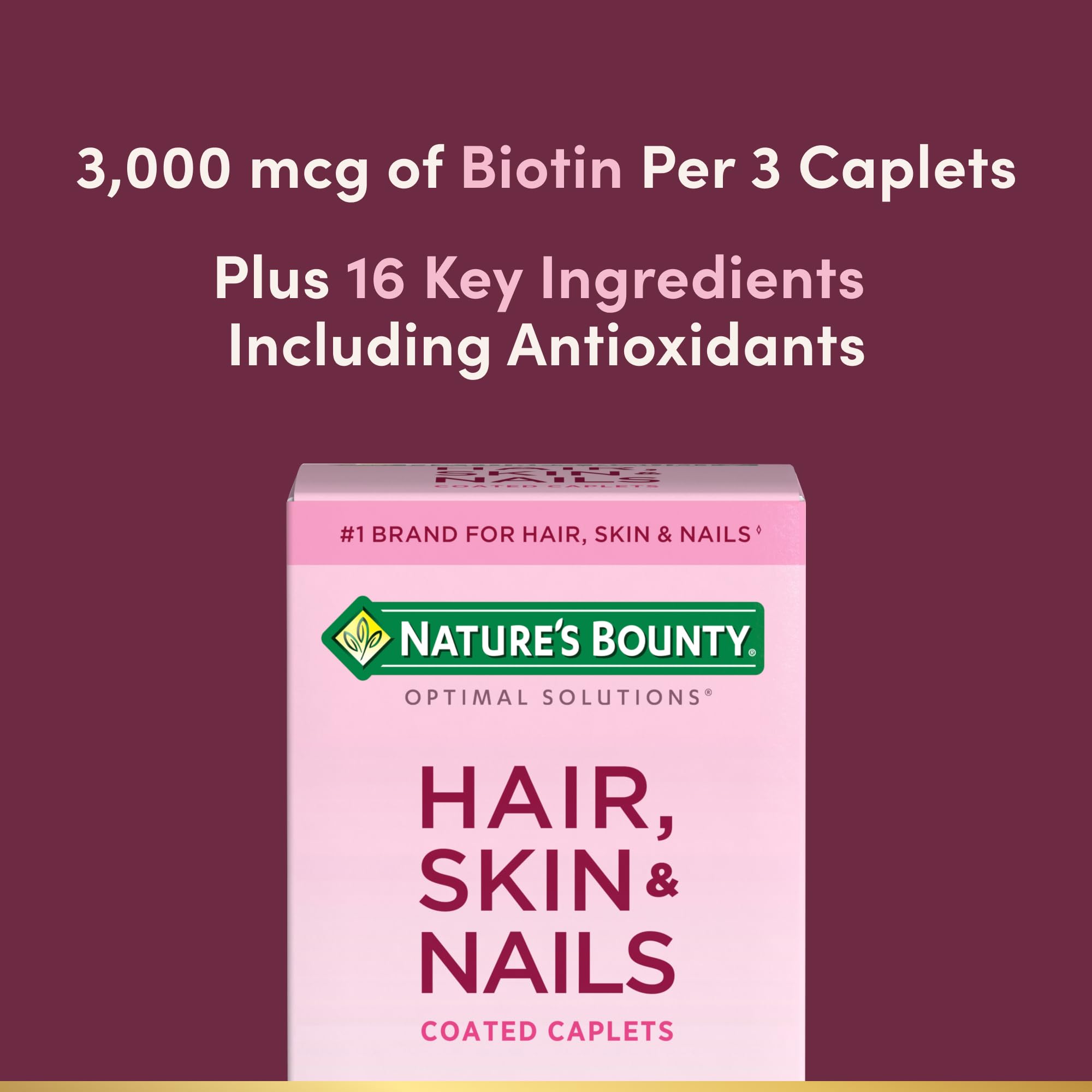 Nature's Bounty Optimal Solutions Hair, Skin & Nails Formula, 20 Servings | With 3,000 mcg Biotin, 60 Coated Caplets