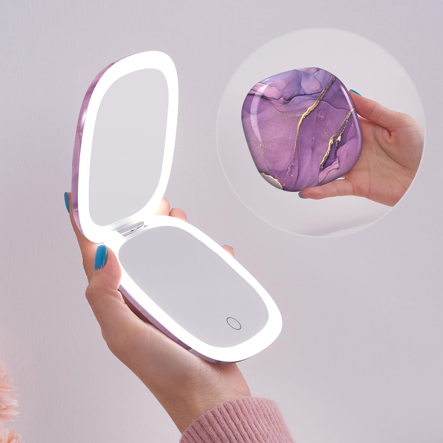 Buy now Mocado Compact LED Magnifying Makeup Mirror 4â€³ â€“ 1X/10X Double-Sided Dimmable Touch Mirror | USB Rechargeable Portable Travel Cosmetic (Rose Gold) Purple Marble at indiglob india