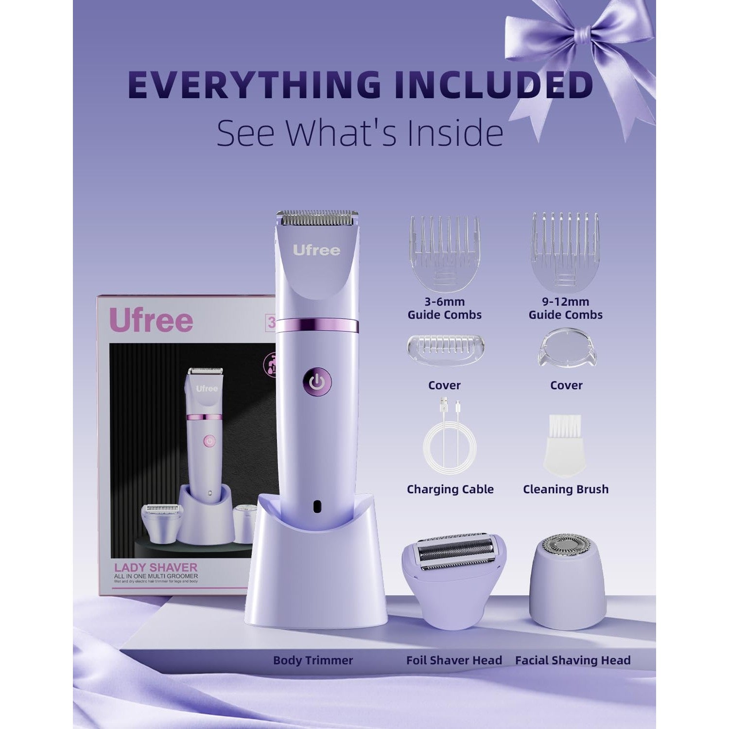 Ufree 3-in-1 Bikini Trimmer Electric Razors for Women, Gifts for Women | Ceramic Blade, IPX7 Waterproof, Lady Shaver, Travel Lock, for Face, Legs, Pubic Hair, Underarms, Body Hair Trimmer, Purple