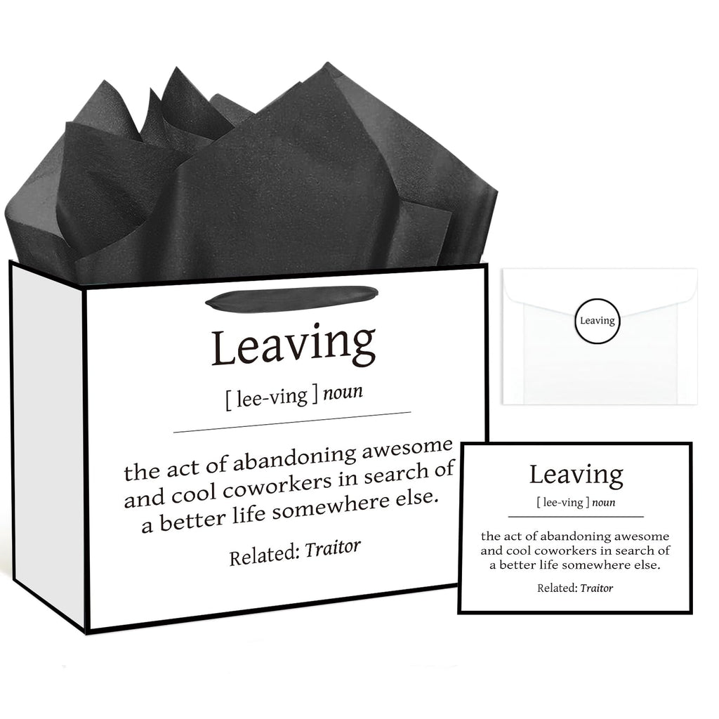 Funny Going Away Gift Bag Black White Farewell Goodbye Christmas Gift Bag with Wrapping Paper Card Sticker Envelope for Coworkers Leaving Gifts Retirement Good Luck We Will Miss You Presents Favors