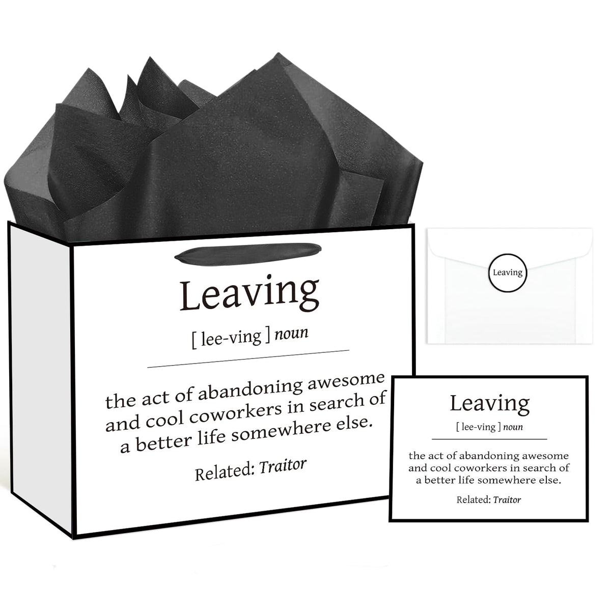 Funny Going Away Gift Bag Black White Farewell Goodbye Christmas Gift Bag with Wrapping Paper Card Sticker Envelope for Coworkers Leaving Gifts Retirement Good Luck We Will Miss You Presents Favors