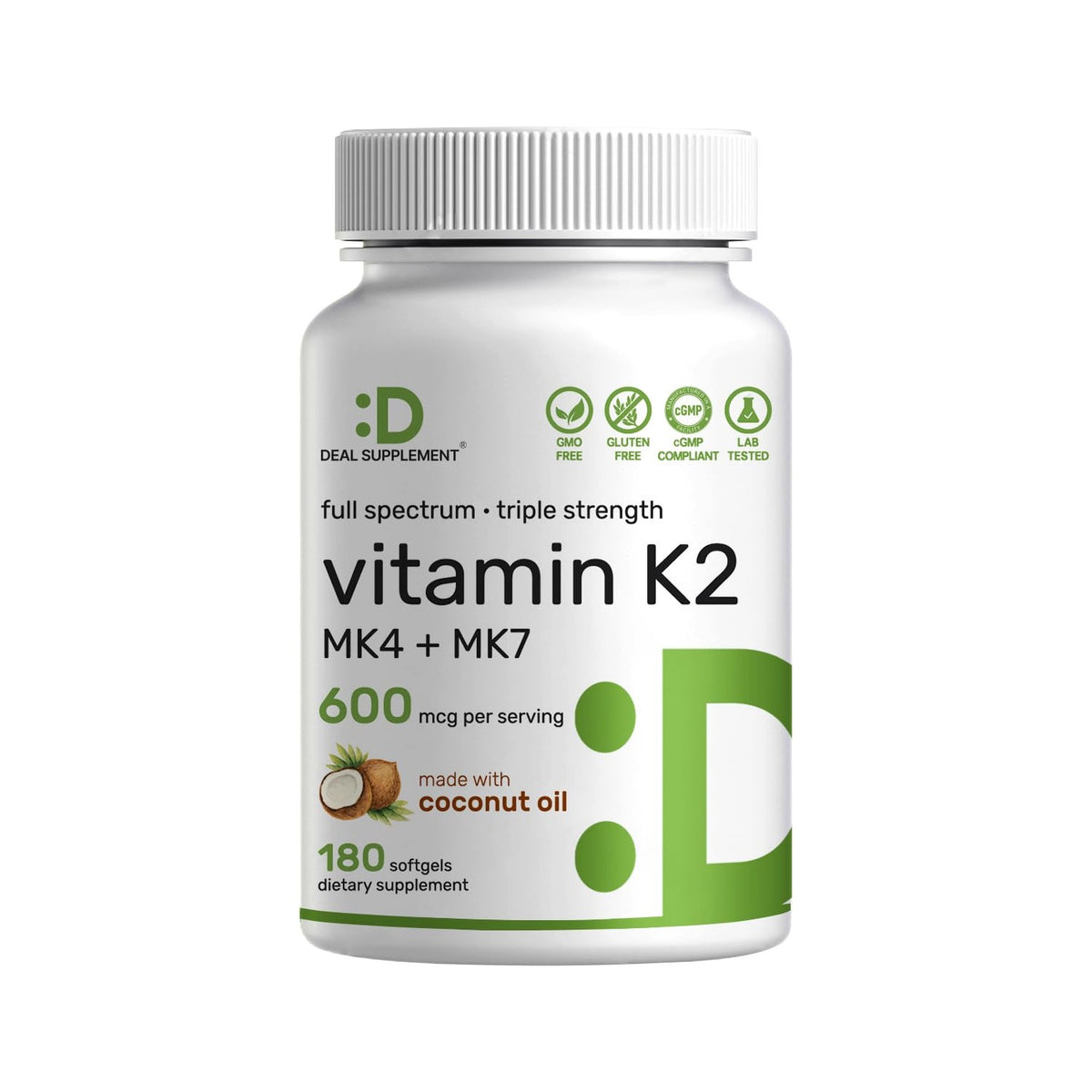 DEAL SUPPLEMENT Vitamin K2 Supplement 600mcg, 180 Coconut Oil Softgels | Full Spectrum High Absorption MK-7 & MK-4 Forms | Bone, Joint, & Immune Support – Non-GMO
