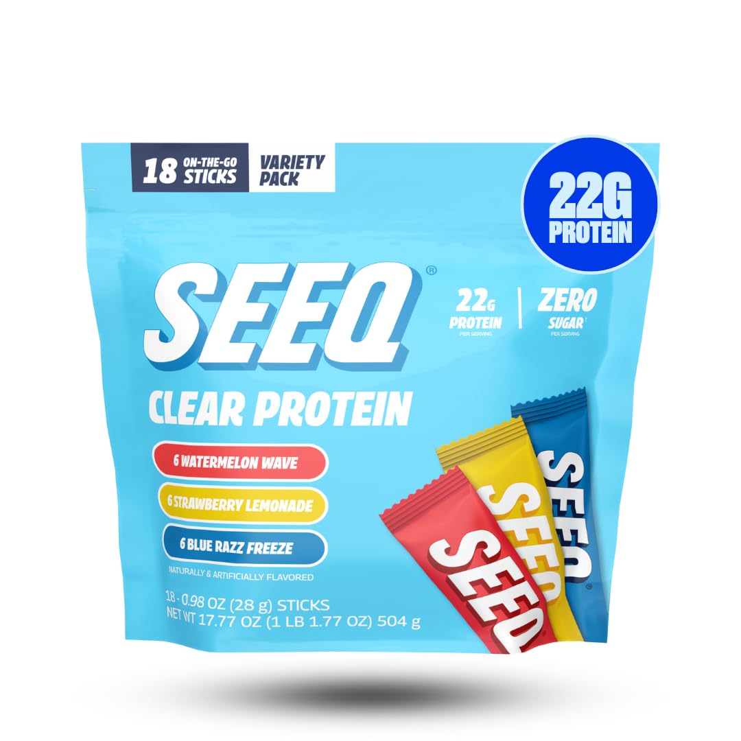 SEEQ Clear Protein Powder Packets - 18 Count Sample Pack - 22g Clear Whey Protein Isolate - Zero Sugar - 0g Lactose, Allergen-Friendly - GLP-1 Support - Post-Workout Recovery - Mixed Flavors