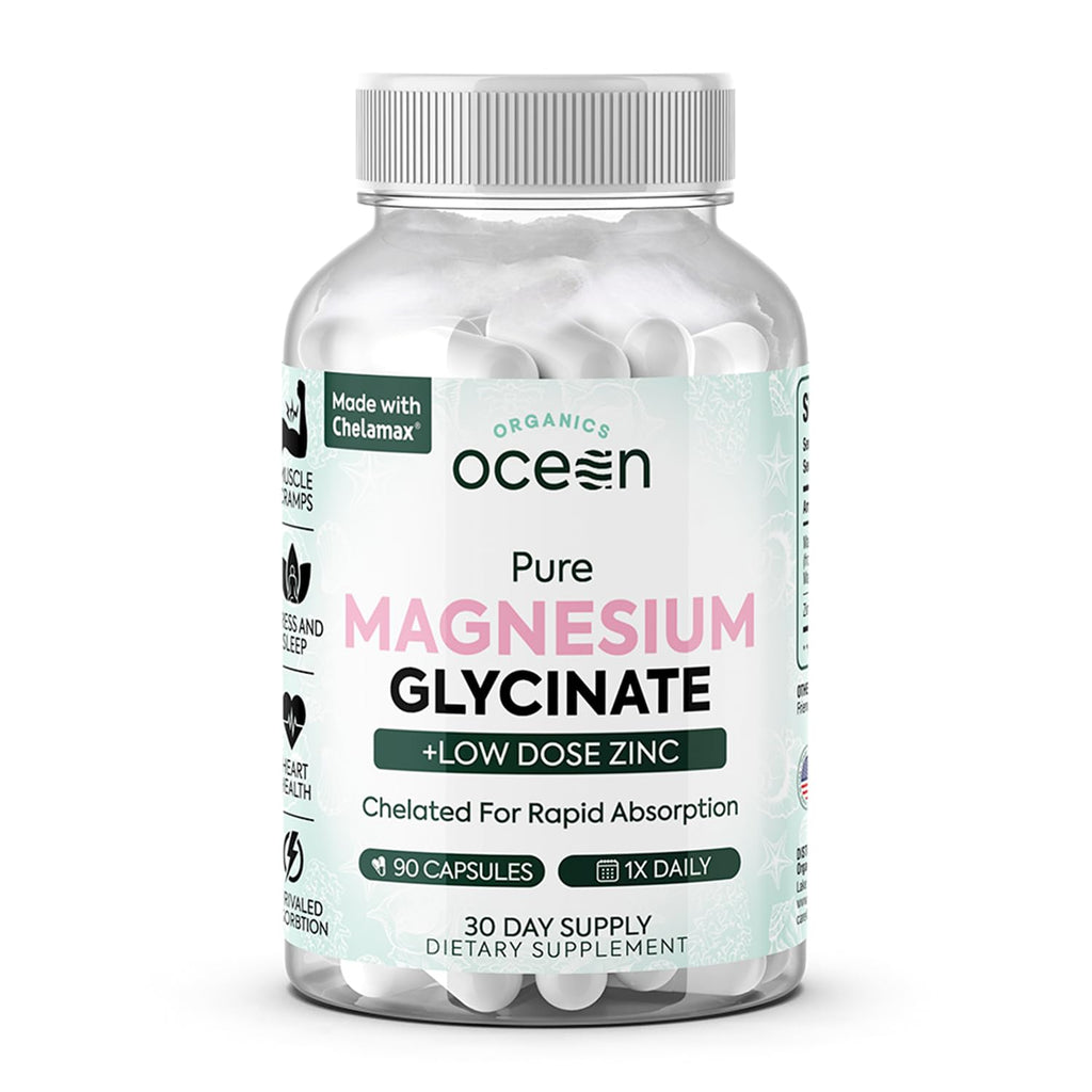 Organics Ocean Pure Magnesium Glycinate with Zinc - Maximum Strength Chelated Magnesium Supplement for Women and Men for Muscle Cramps and Sleep Support - 6 Bottles