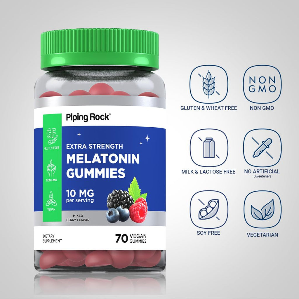 Piping Rock Melatonin Gummies 10mg | 70 Count | Berry Flavor Supplement | Vegan, Non-GMO, Gluten Free
