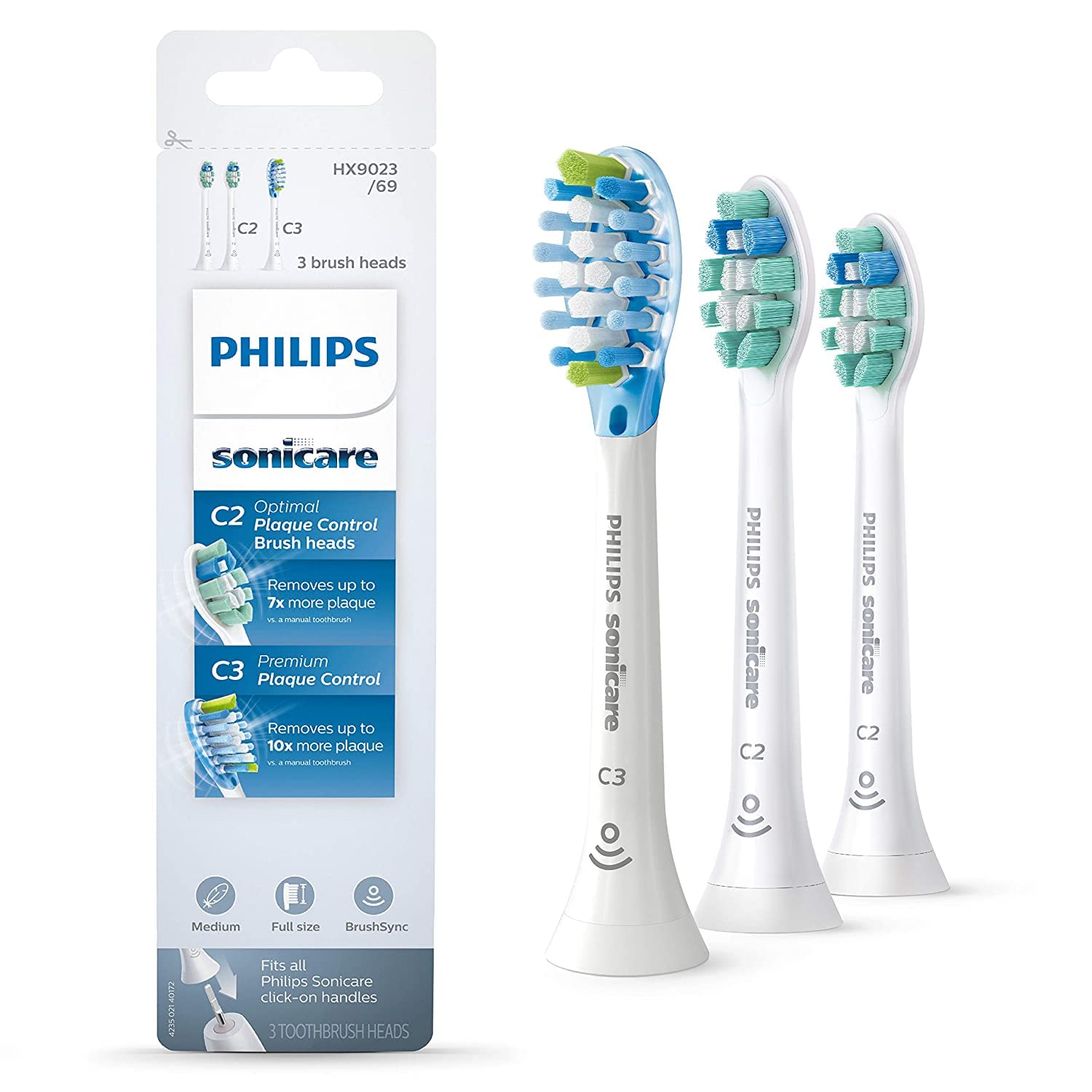 Buy now Philips Sonicare Genuine Toothbrush Head Variety Pack, C3 Premium Plaque Control and C2 Optimal Control, 3 Brush Heads, White, HX9023/69 at indiglob india