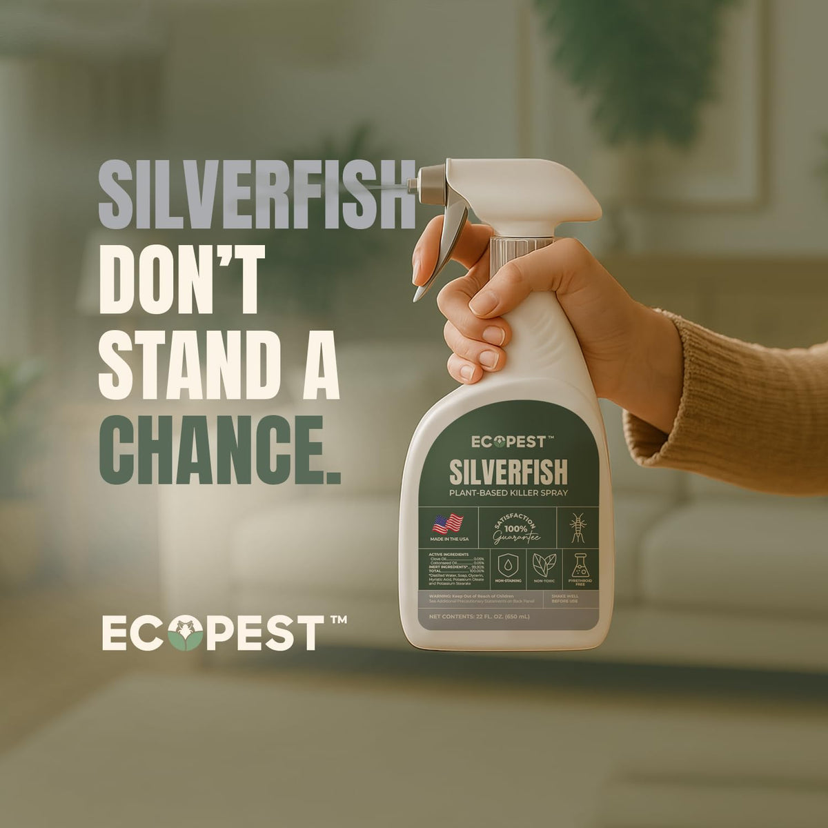 Silverfish Spray, Natural Silverfish Killer for Indoor and Outdoor | Plant-Based Home Pest Control Spray and Repellent | Made with Essential Oils, Safe for Use Around Children and Pets, 22 oz.