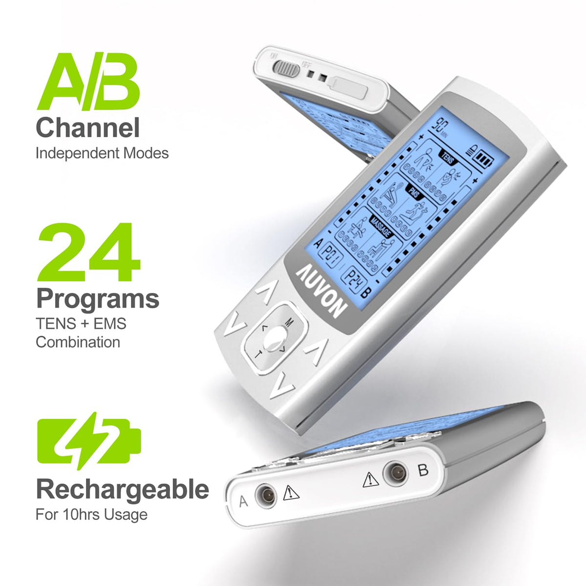 AUVON Dual Channel TENS Unit 24 Modes Muscle Stimulator for Pain Relief,Rechargeable TENS Machine Massager with 12 Pads, ABS Pads Holder, USB Cable and Dust-Proof Storage Bag