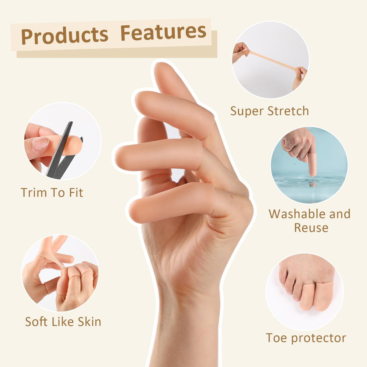 Silicone Finger Cots - Gel Finger Protectors Non Latex, Reusable Fingertip Bandages Covers for Thumb, Cuts, Wounds, First Aid Care, Assorted Sizes