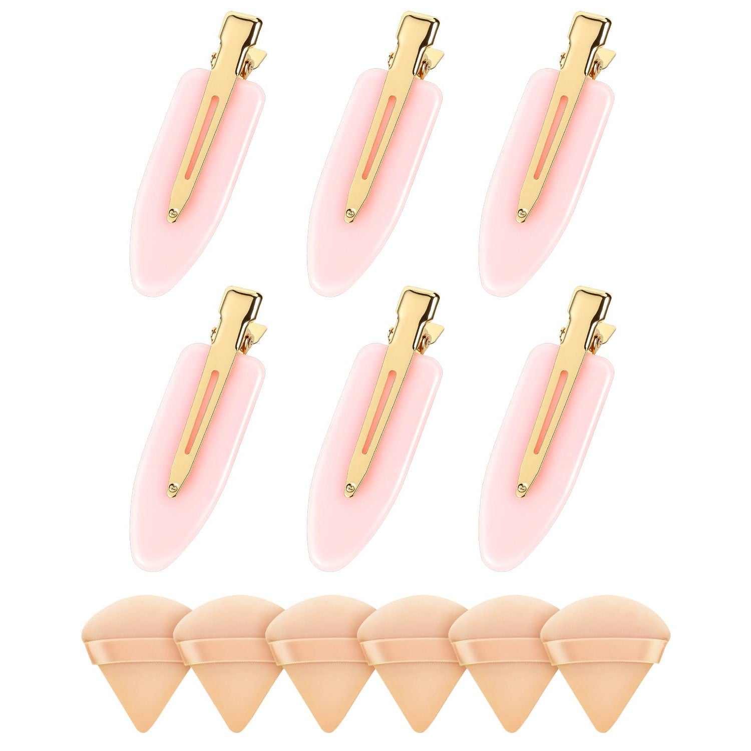 Amizo 6 Pcs Creaseless Hair Clips and 6 Pcs Triangle Powder Puffs for Women | Beauty Makeup Set，No Crease Design, No Bend,Loose Powder,Smooth Makeup Application and No-Dent Hair Styling