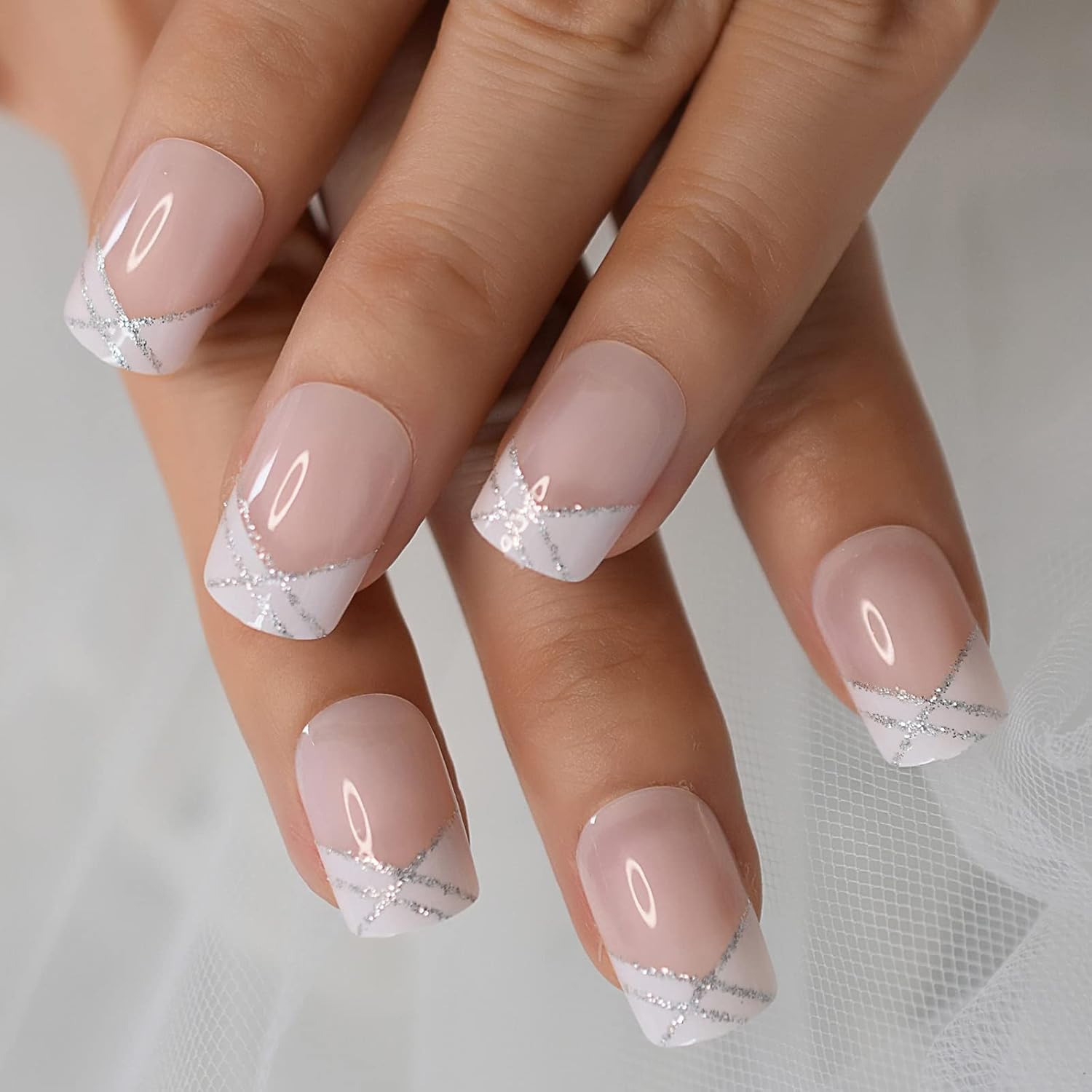 Buy now EchiQ Pearl Shine Glossy Fake Nails Shimmer White Square French Nail Ombre Faux Ongles Gradient Medium Fingernails with Gluetabs 00French at indiglob india
