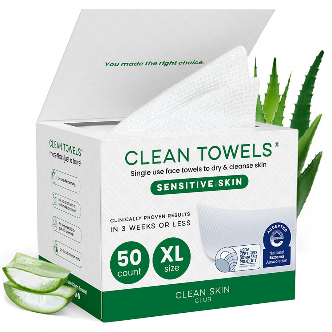 CLEAN SKIN CLUB Sensitive Skin Clean Towels® XL, Ultra-Soft Disposable Face Dry Wipes Infused with Aloe & Glycerin, XL - 1 Pack (50 count)