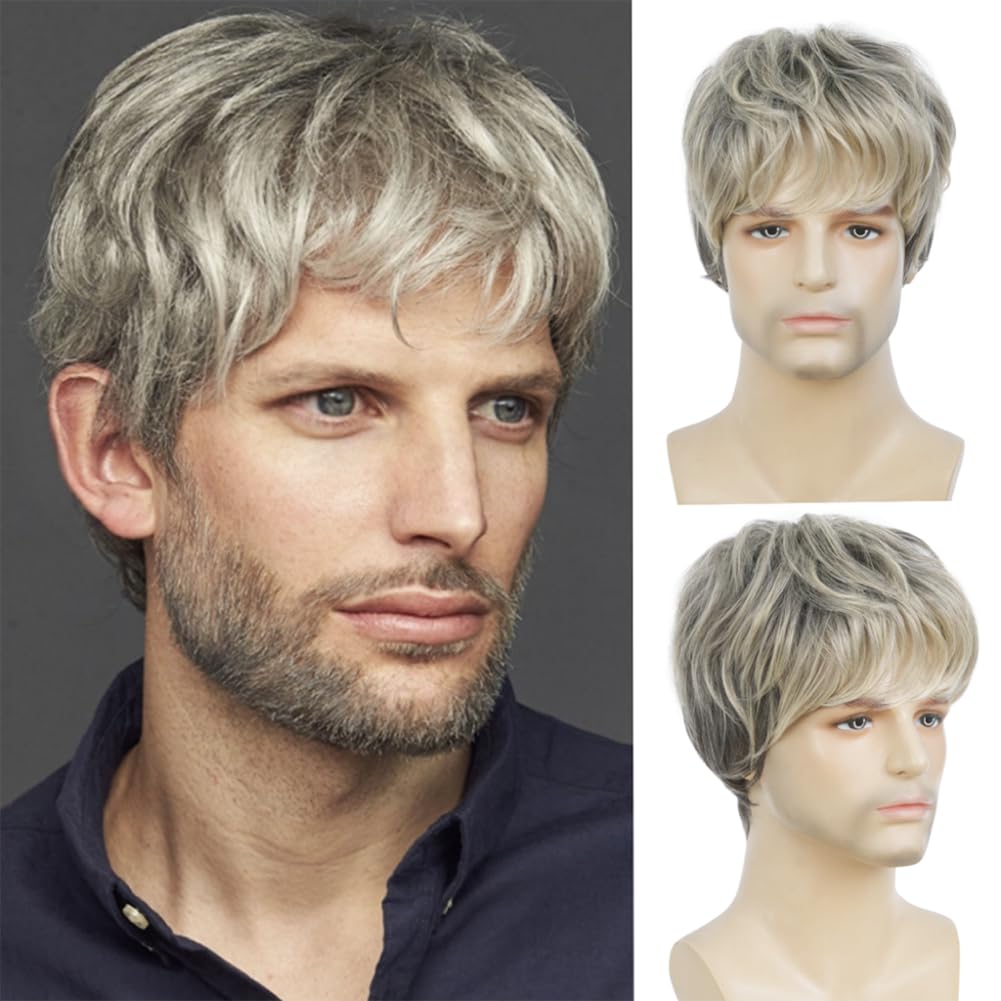 Buy now Kaneles Short Curly Mens Black Wig Fluffy Synthetic Cosplay Halloween Hair Wig for Male Guy Short Grey at indiglob india