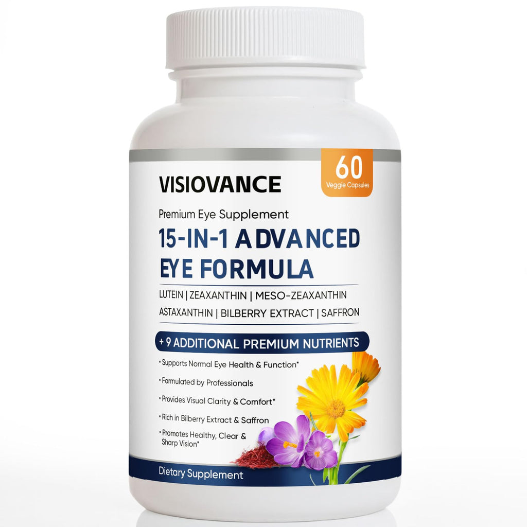 VisioVance 15 in 1 Advanced Eye Formula - Eye Vitamins Formula with All 3 Carotenoids, Lutein & Zeaxanthin, Bilberry Extract and Saffron, 60 Count(1)