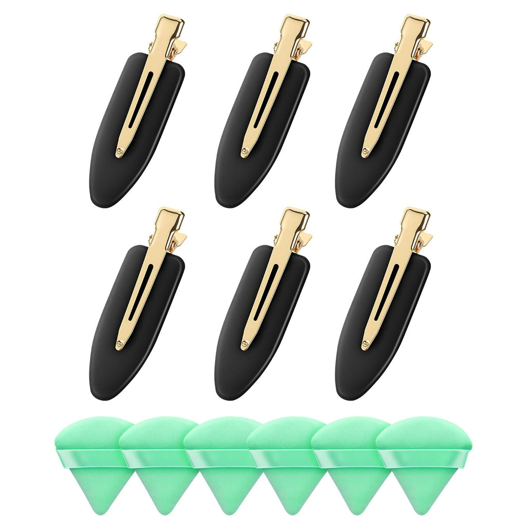 Amizo 6 Pcs Creaseless Hair Clips and 6 Pcs Triangle Powder Puffs for Women | Beauty Makeup Set，No Crease Design, No Bend,Loose Powder,Smooth Makeup Application and No-Dent Hair Styling
