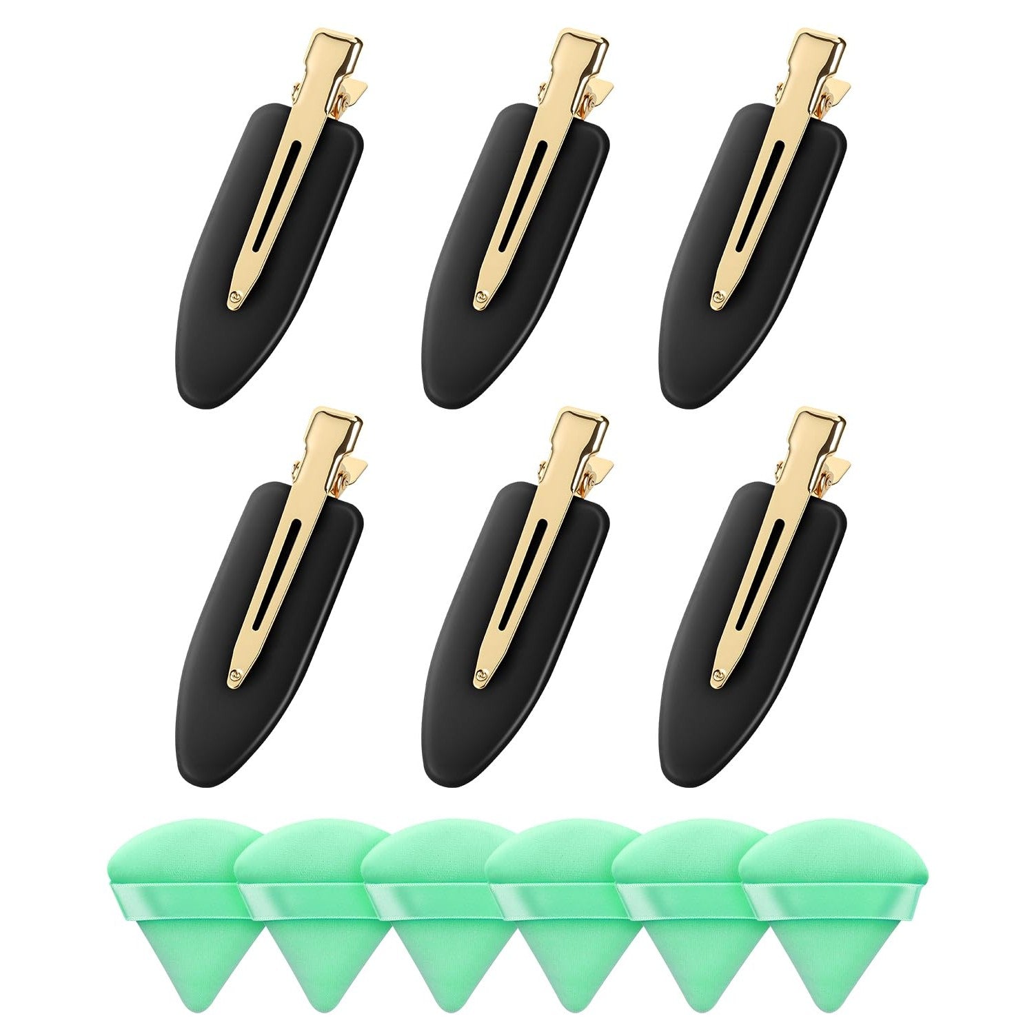 Amizo 6 Pcs Creaseless Hair Clips and 6 Pcs Triangle Powder Puffs for Women | Beauty Makeup Set，No Crease Design, No Bend,Loose Powder,Smooth Makeup Application and No-Dent Hair Styling