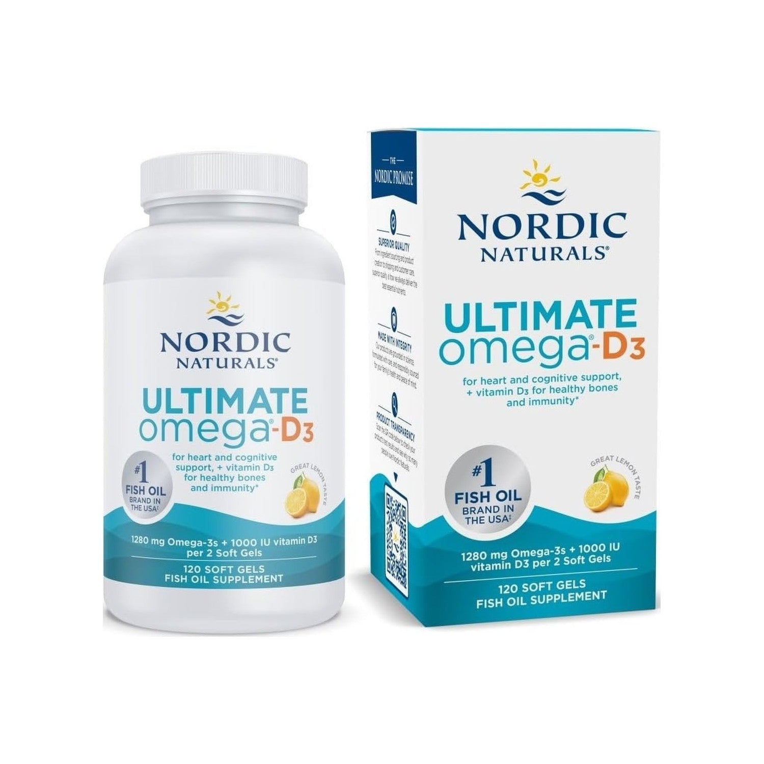 Nordic Naturals Ultimate Omega-D3,1280mg + 1000IU D3, Lemon - 45 Count | Omega-3 Fish Oil with EPA & DHA + Vitamin D3. Supports brain, heart & immune health. Lemon flavor. 45 servings. 2 per day.