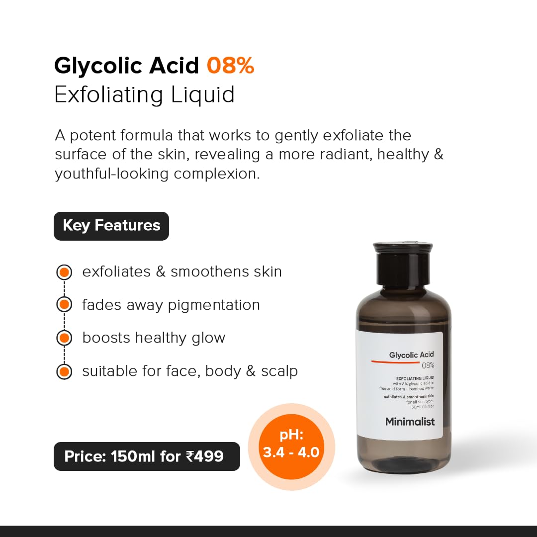 Minimalist Glycolic Acid 8% Exfoliating Toner for Glowing Skin | Multi-Functional Exfoliating Toner with Bamboo Water for Body, Face, Underarms & Scalp | for Women & Men | 5 Fl Oz / 150 ml
