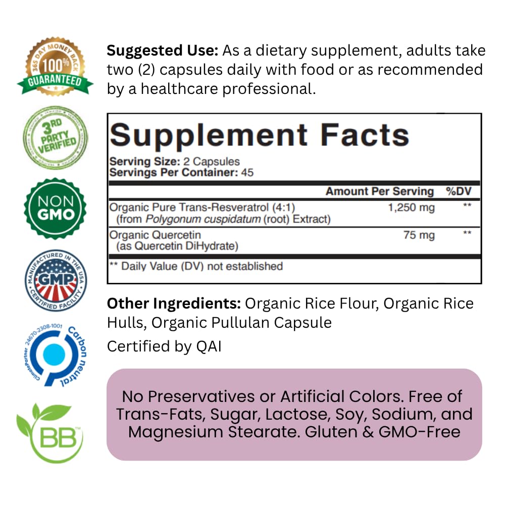 Purity Labs Trans-Resveratrol Supplement 5,000 mg Equivalent per Serving with Quercetin, USDA Organic High Potency Antioxidant, Vegan Capsules, 90 Count