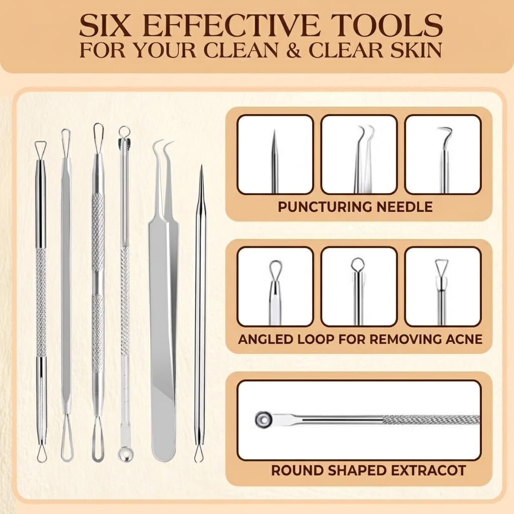 6 Pcs Pimple Popper Tool Kit Blackhead Remover, 410 Grade Stainless Steel | Professional Pimple Extractor Tool Kit for Blackheads, Comedone, Acne, Zit and Whiteheads, Stainless Steel Extraction Tools
