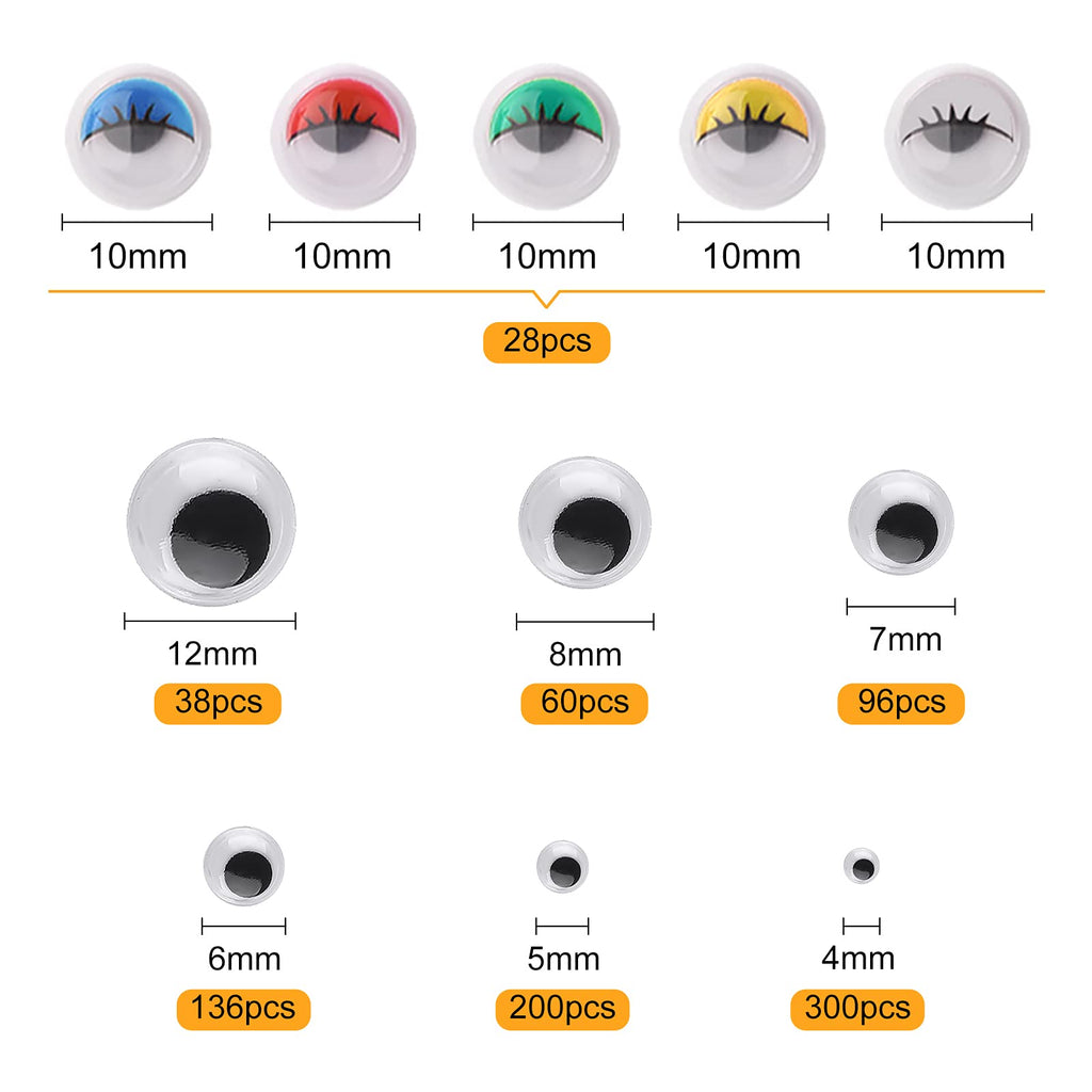 ASTARON 800Pcs 4mm-12mm Googly Eyes Self Adhesive Wiggle Eyes for Art Craft Supplies, Doll Making and Scrapbooking,7 Size