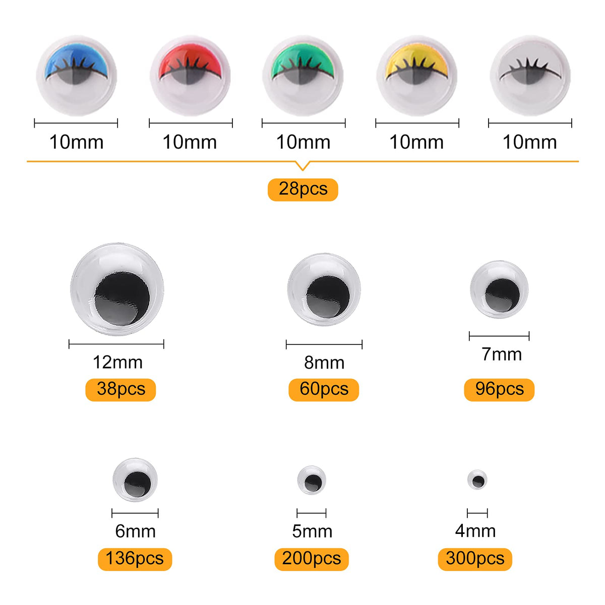 ASTARON 800Pcs 4mm-12mm Googly Eyes Self Adhesive Wiggle Eyes for Art Craft Supplies, Doll Making and Scrapbooking,7 Size