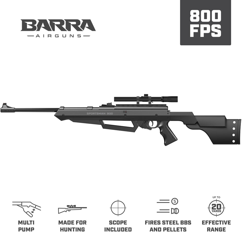Barra Air Guns Sportsman 900 BB Gun Rifle for Adults, Pellet Rifles for Hunting, 177 Caliber Airgun with Rifle Scope - Shoot Pellets & BBS, 800 FPS