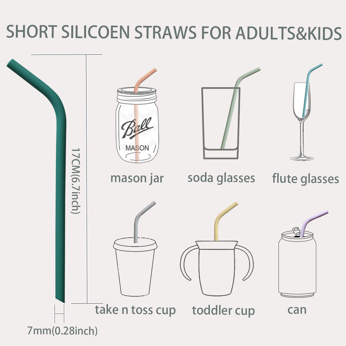 Reusable Thin Short 6.7" Cute Silicone Bendy Straws for Toddlers&Kids&Baby,6 10 12 oz Wine/Yeti Tumbler, Coffee/Cocktail Mug,Soda Cans,Take n toss Cup/BPA FREE-Small Flexible with Brushes