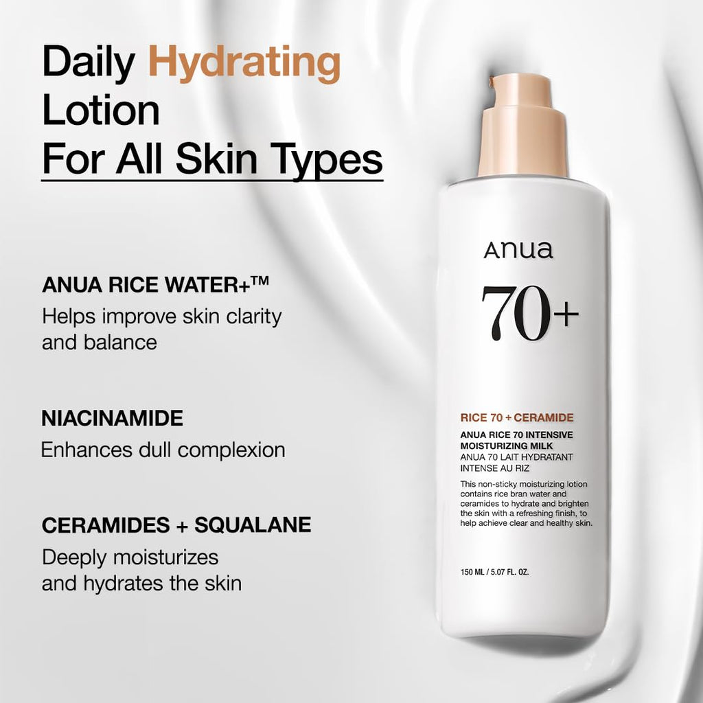 ANUA Rice 70 Intensive Moisturizing Milk, 5.07 fl.oz | Hydrating Face Lotion, Niacinamide, Ceramides, All Skin Types, Sensitive, Skin Moisture Barrier, Lightweight Nourishing