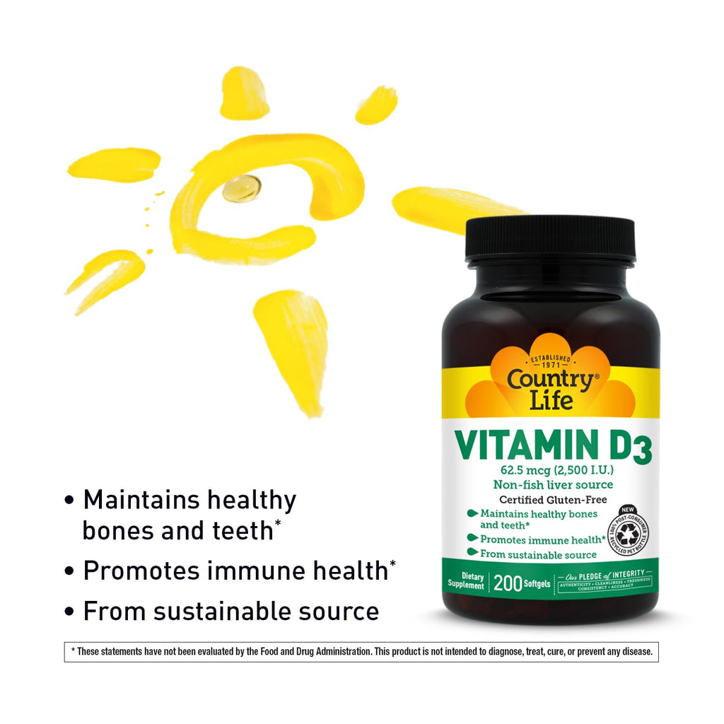 Country Life Vitamin D3 2500 IU, Non-Fish Source, 200 Softgels
