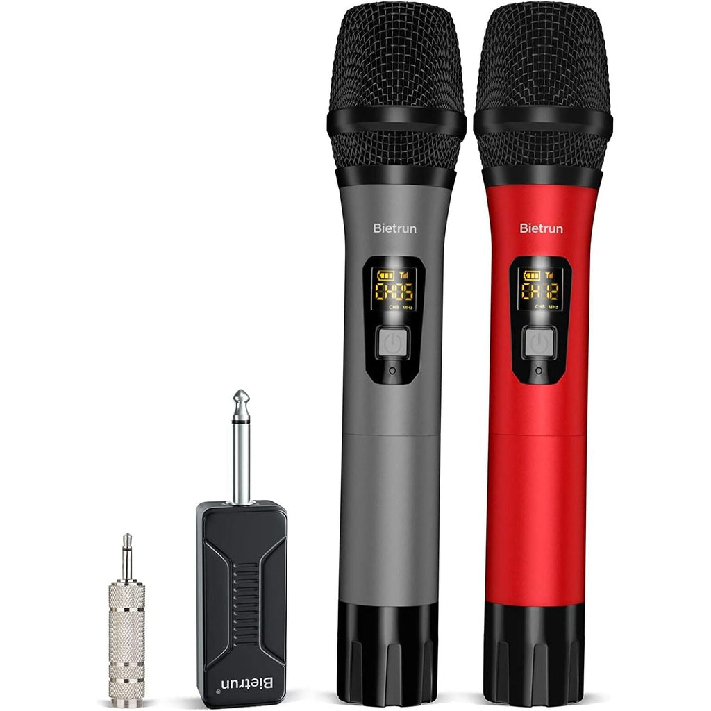 Buy now Bietrun Wireless Microphone, Professional UHF Metal Dual Handheld Cordless Dynamic Mic System Set with Rechargeable Receiver, 1/4‘’Output, Plug and Play, Instrument-Wireless-Mics for Karaoke, Wedding Battery Red and Grey at indiglob india