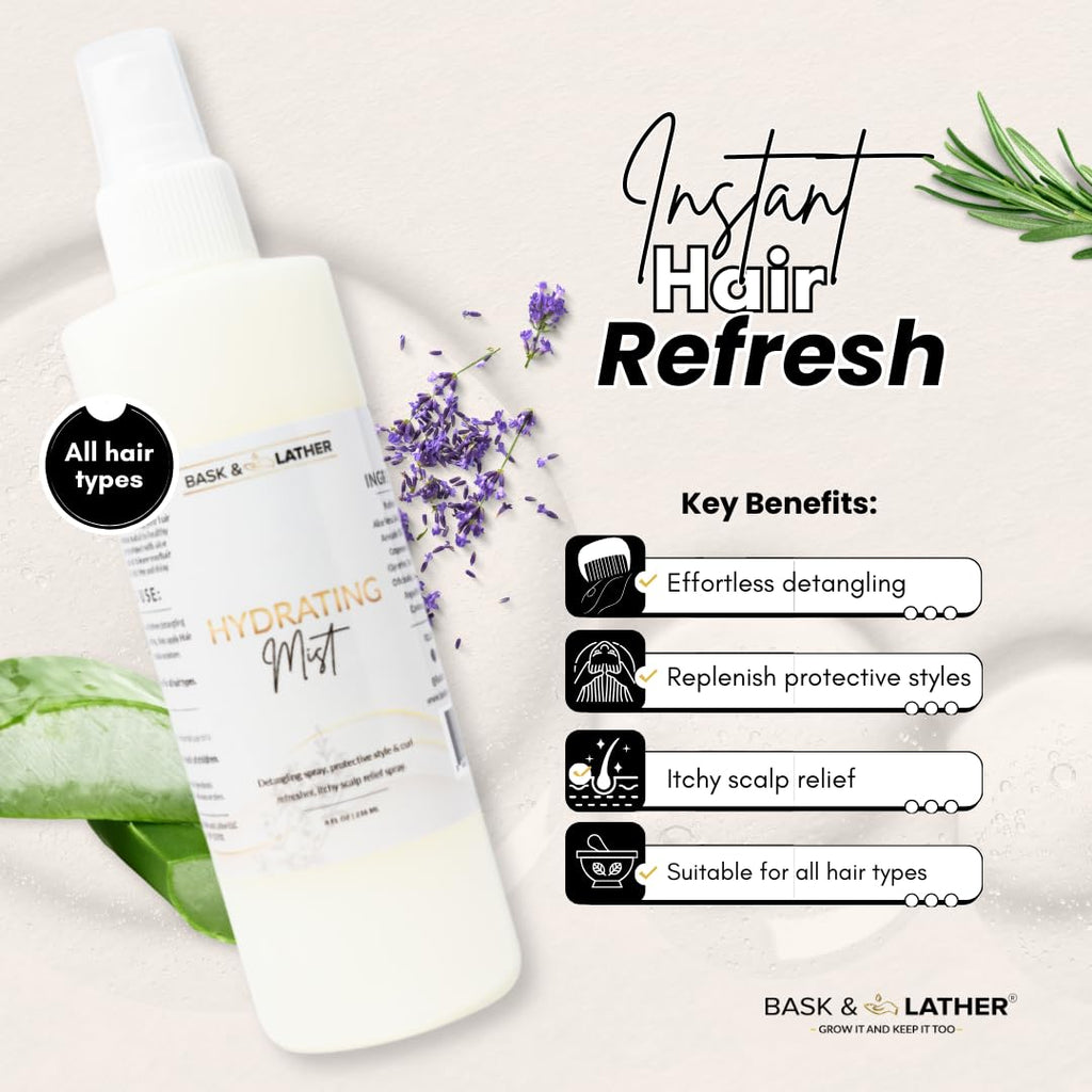 BASK & LATHER Hydrating Hair Mist, Leave-In Conditioner, Itchy Scalp Relief, Detangler, Curl Definer, Aloe Vera, Avocado Oil, For All Hair Types, 8 oz