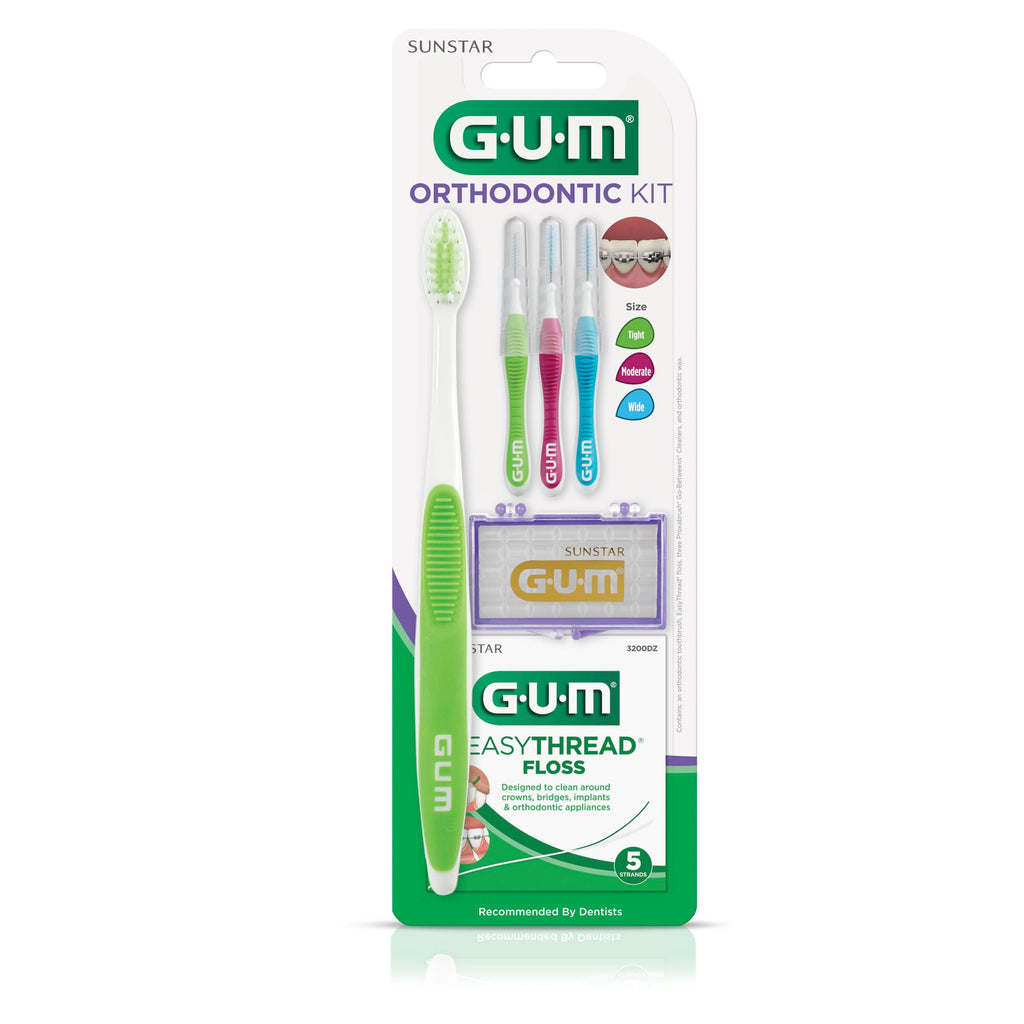 GUM Orthodontic Kit with Toothbrush, 3 Proxabrush Sizes, Shred-Resistant EasyThread Floss and Ortho Wax