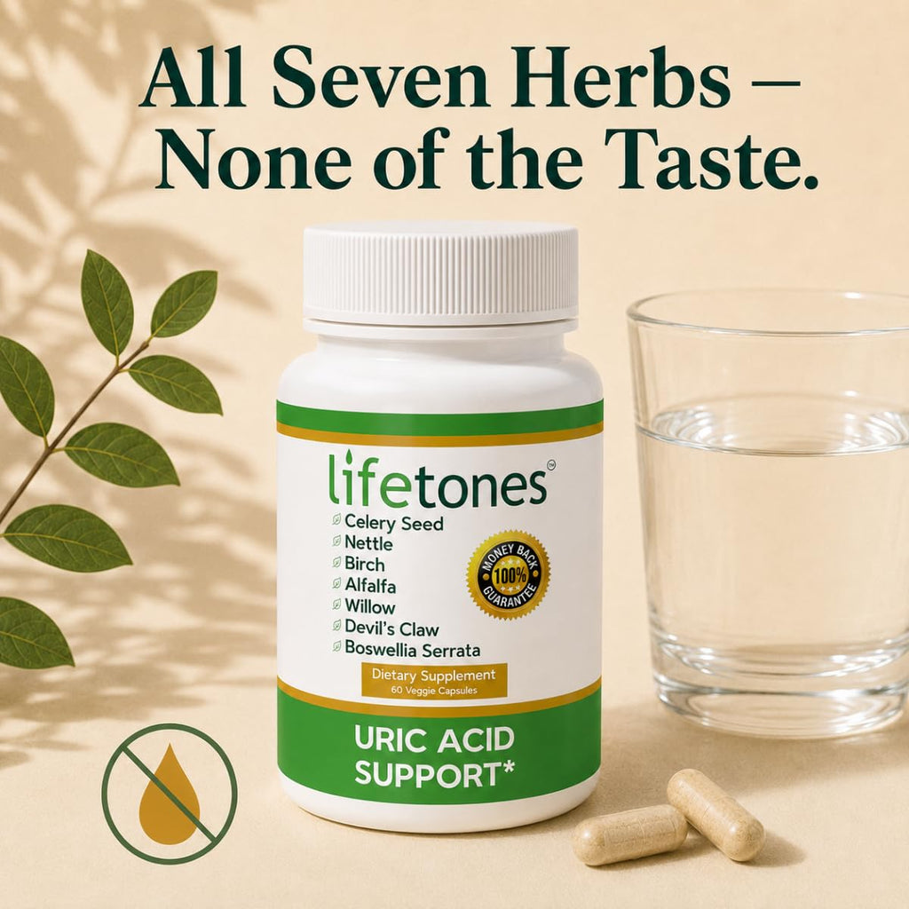 Lifetones Uric Acid Support Capsules – 7-Herb Formula with Boswellia, Devil's Claw, White Willow & Celery Seed – No Herbal Taste – Supports Healthy Uric Acid Levels & Joint Comfort – 60 Vegan Capsules