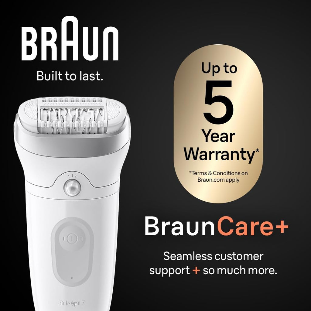 Braun Epilator Silk-épil 7, Hair Removal Device, Women Shaver & Trimmer, Wet and Dry, Wide Head, Includes Shaver Head and Trimmer Comb, SE7-041, Silver